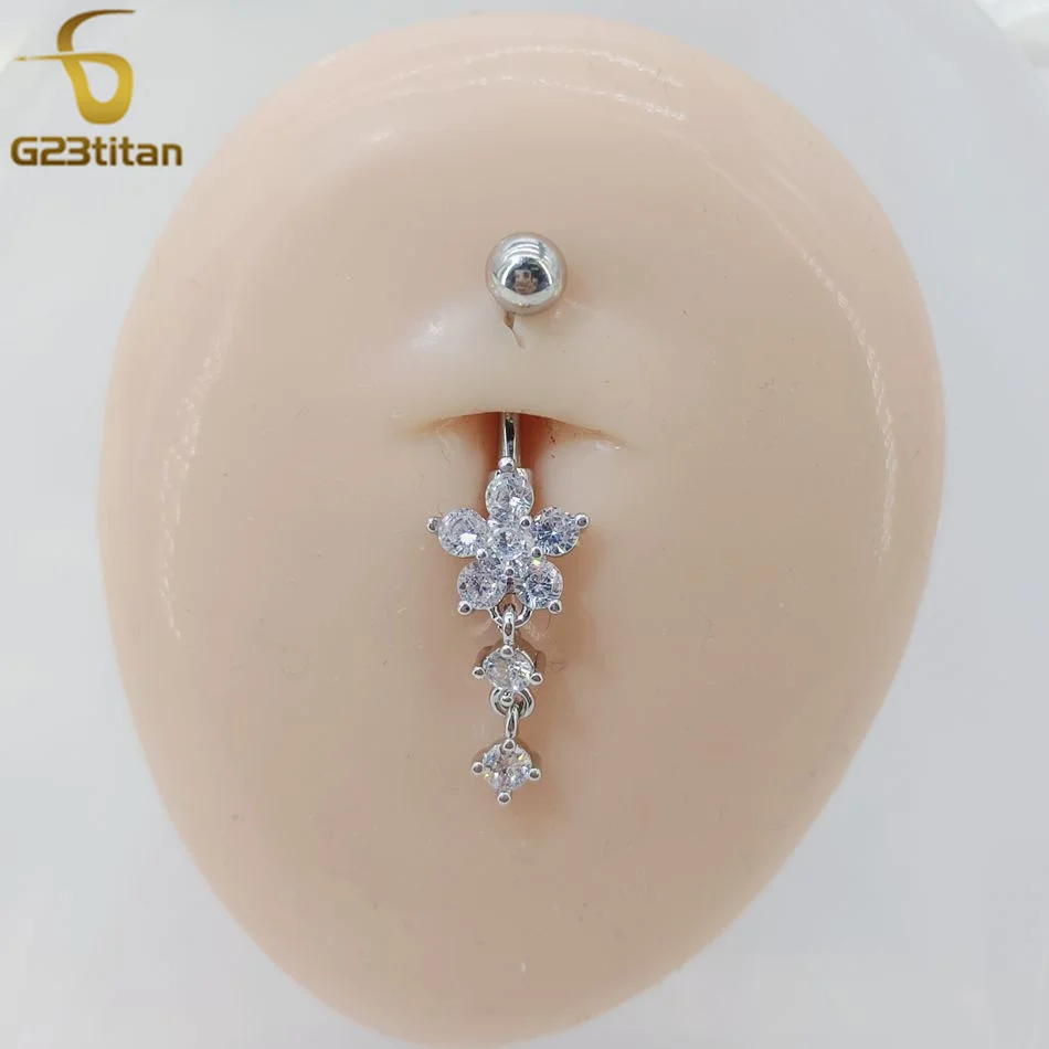 G23titan 14G Surgical Titanium Bar Belly Button Ring CZ Zircon Flower Dangle Crystal Women Navel Ombligo Piercing Body Jewelry