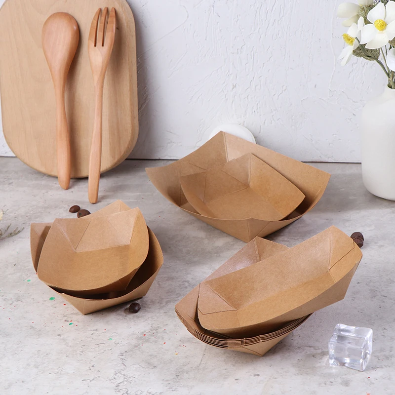 Caja de papel Kraft desechable para botes, bandeja de platos para barcos de Sushi, recubierta de papel a prueba de aceite, caja de embalaje de comida frita, suministros para fiestas, 10 piezas