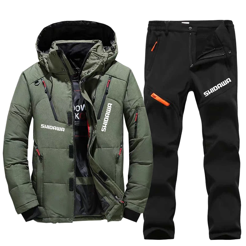 Men's Winter Fishing Suit, Goose Down Jacket+Tactical Pants Fishing Set, Warm Snow Skiing, Mountain Climbing, Hunting Sportswear