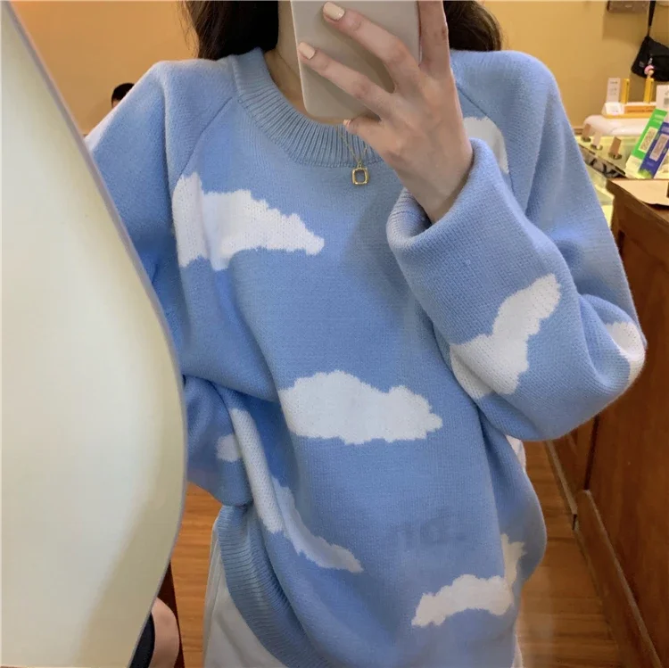 Blue/Black Fall Winter New Pull Jumpers Women Korean Cartoon Cloud Sweater Chic Casual Oversized Knitted Pullover Tops All-match