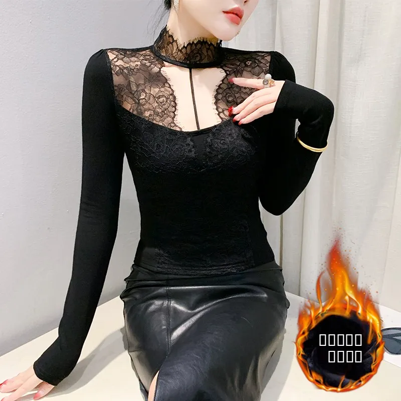 

Женский сексуальный прозрачный топ с кружевными вставками и длинными рукавами, облегающий, с эффектом омоложения