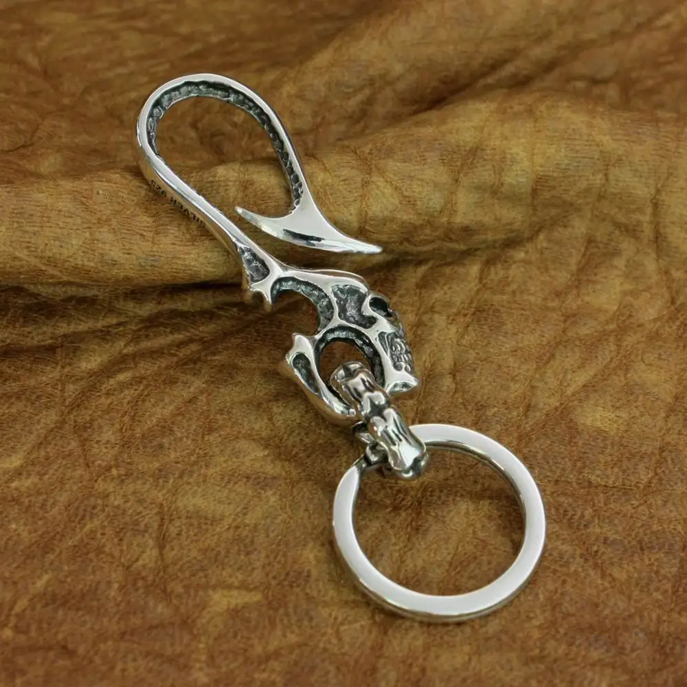 Fish Hook Skull KeyRing 925 Sterling Silver Biker Keychain Belt Clip DIY Accessory TA206