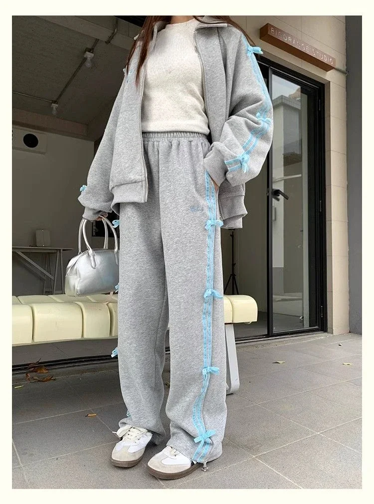 New Bow Embroidery Women Set Long Sleeve Loose Stripe Coat High Waist Casual Pants Suit 2024 Sweet Kawaii Girl 2 Piece Set