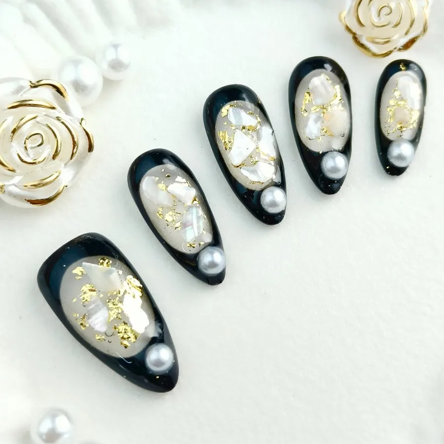 10pcs press fake nails, black elegant artificial nail suit, decorated with pearl paste fake nails, luxurious stick - on nails