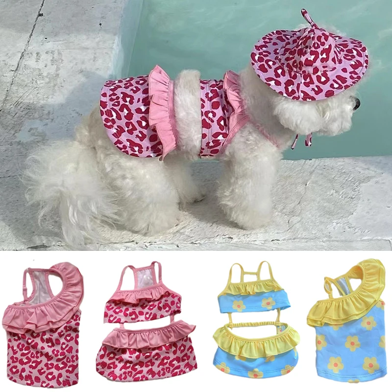 Summer Cute Puppy Dog Swimming Suit Hat Set for Small Dogs Beach Swimming Pool Pet Clothes Chihuahua Yorkshire Bikini Swim Cap