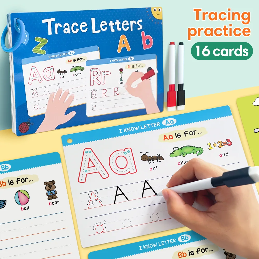 

16 Cards English Tracing ABC Letter Cards Children's Writing Exercises Number Tracing 1-100 Practice for Kid learning toys