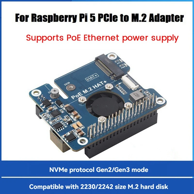 For Raspberry Pi 5 POE M.2 HAT Pcie To M.2 Nvme SSD Expansion Board Gen3 8Gbps  For 2242/2230 M.2 Nvme SSD