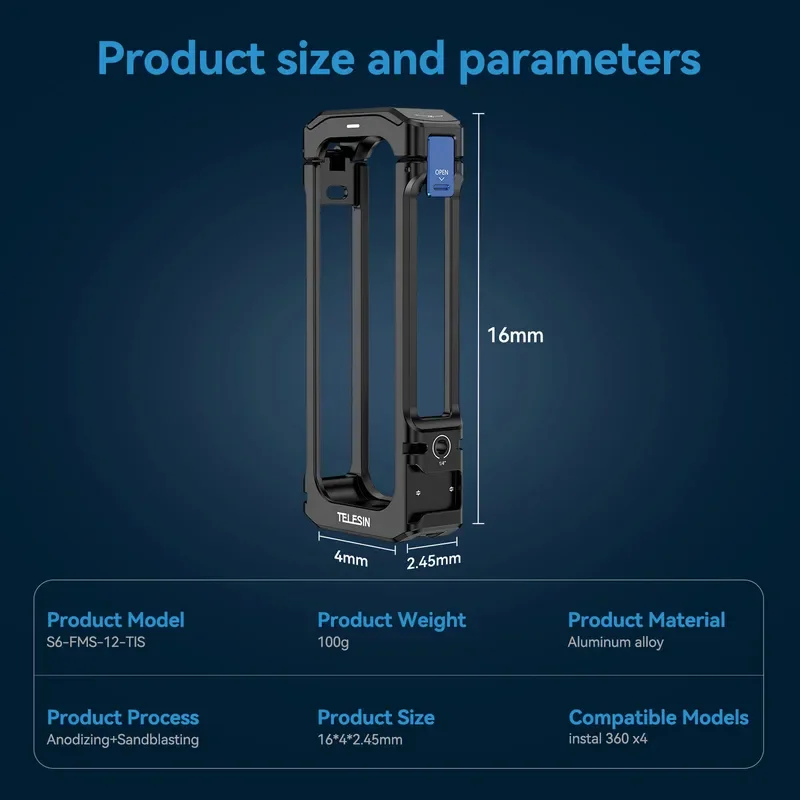 Marco vertical TELESIN: carcasa de aluminio ultraligera para cámara de acción Insta360 X4