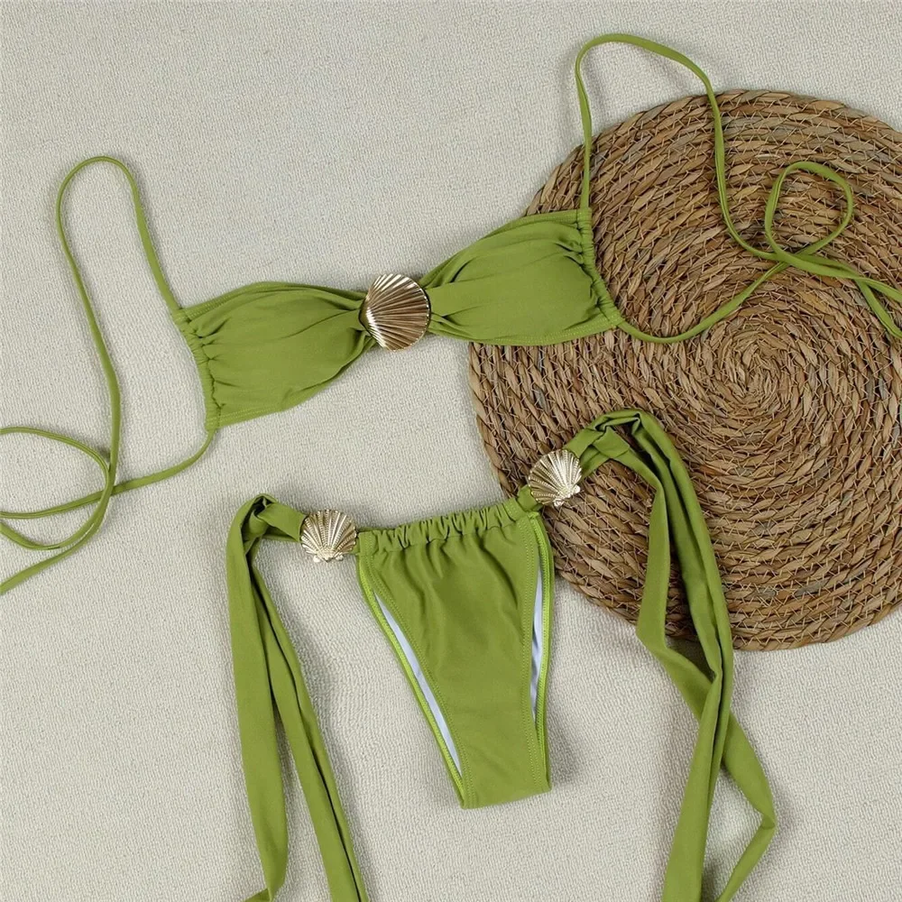 

Green Metal Shell Ornament Swimwear String Micro Bikini Thong Sexy Swimsuit Women 2025 Knotted Bathing Suit Biquinis Bikinis Set