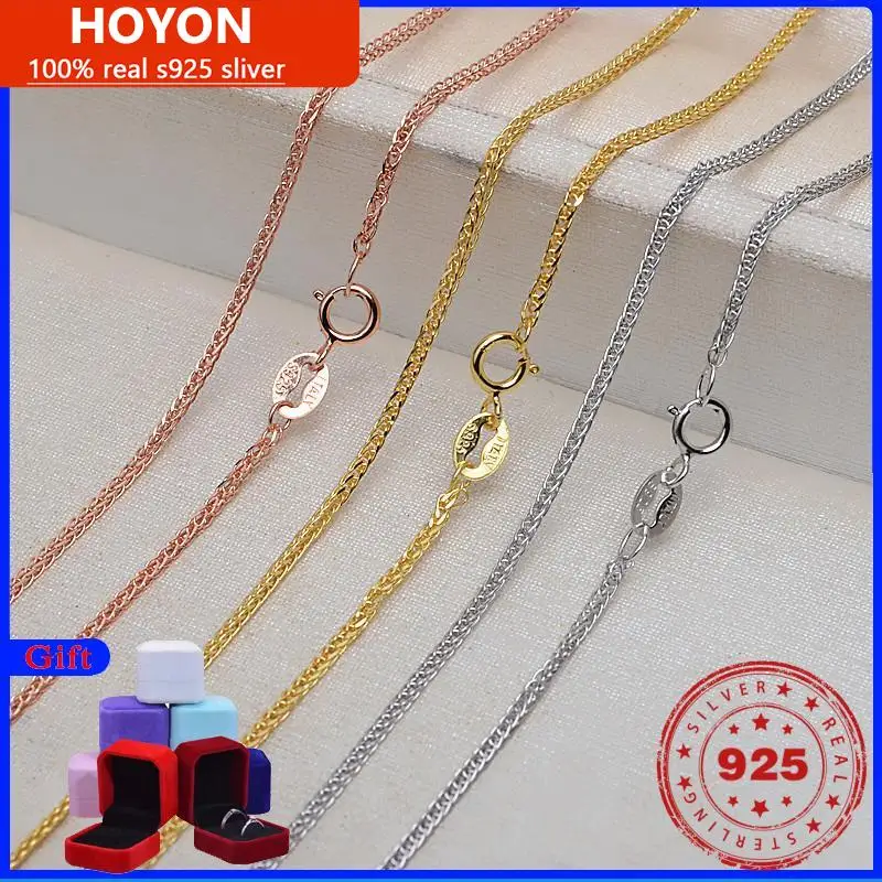 HOYON 100% Pure S925 Silver 18K Gold Plated Chain Necklace for Men Women White Gold Rose Gold Color Chopin Link Neck Collares