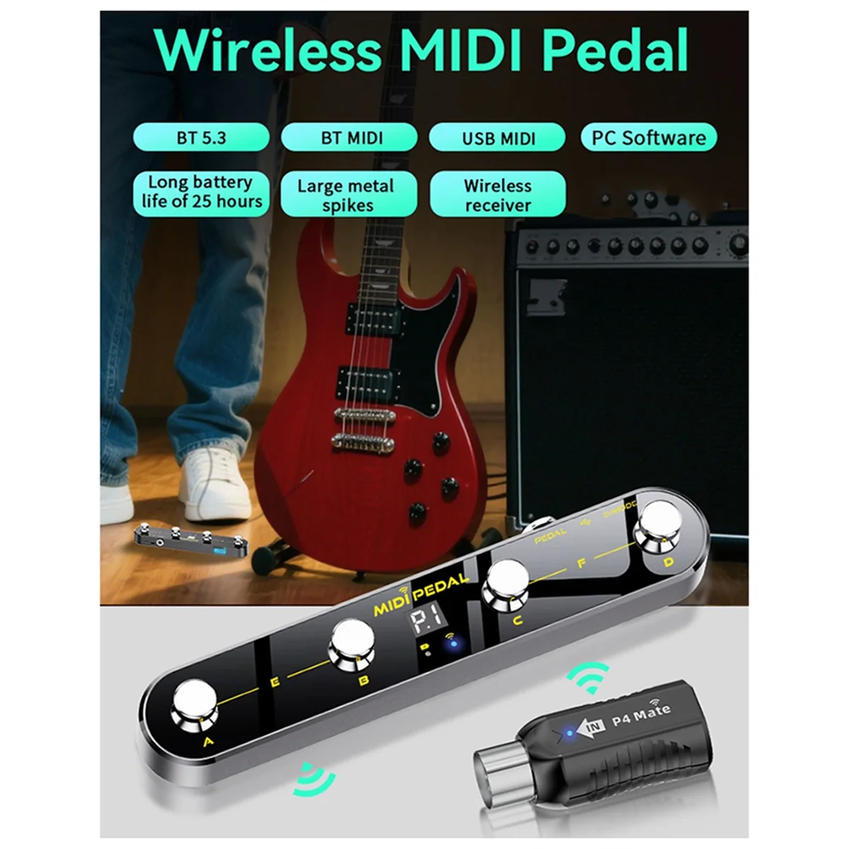 Wireless MIDI Adapter  o Transmitter Receiver 2.4GHz Ultra-Low Latency Built-in Silent MIDI Foot Controller