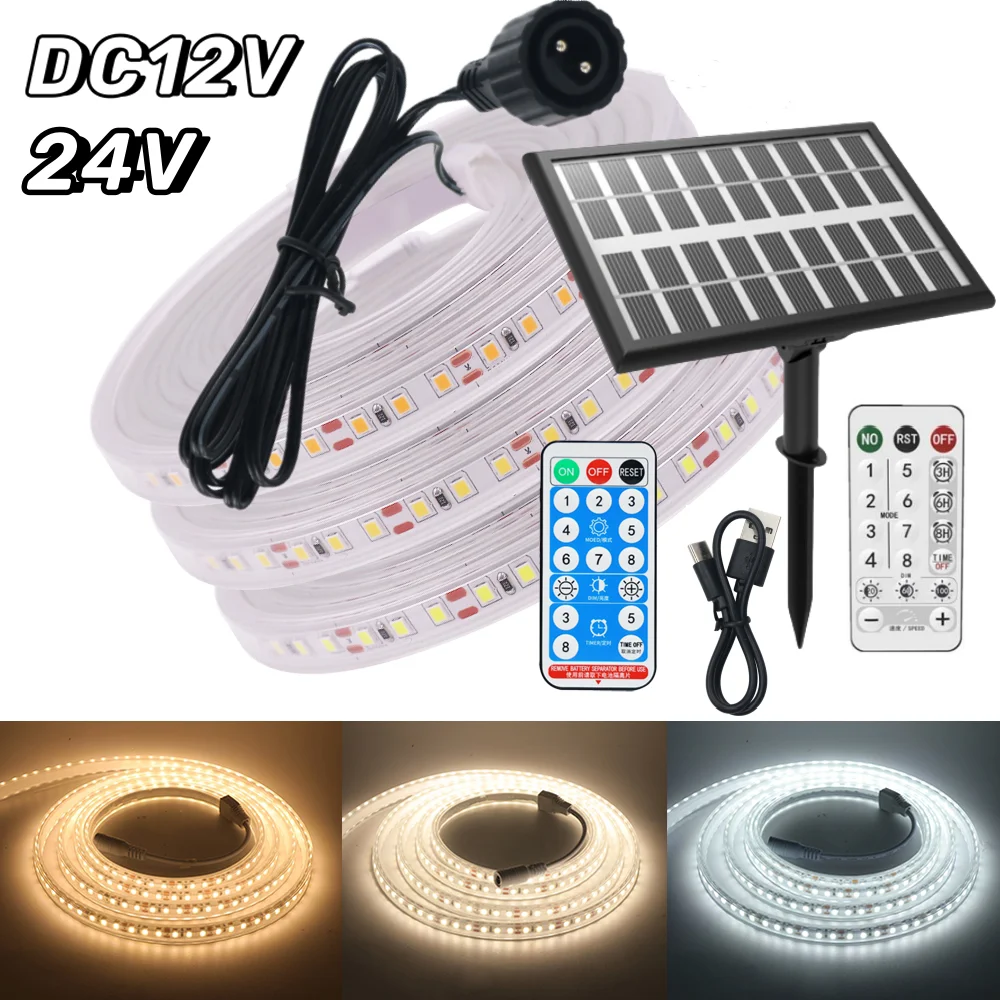 

DC 12V 24V LED Strip Solar Lamp SMD 2835 120LEDs/M Flexible Ribbon Tape Rope Lights IP67 Waterproof Dimmable Tape Home Lighting