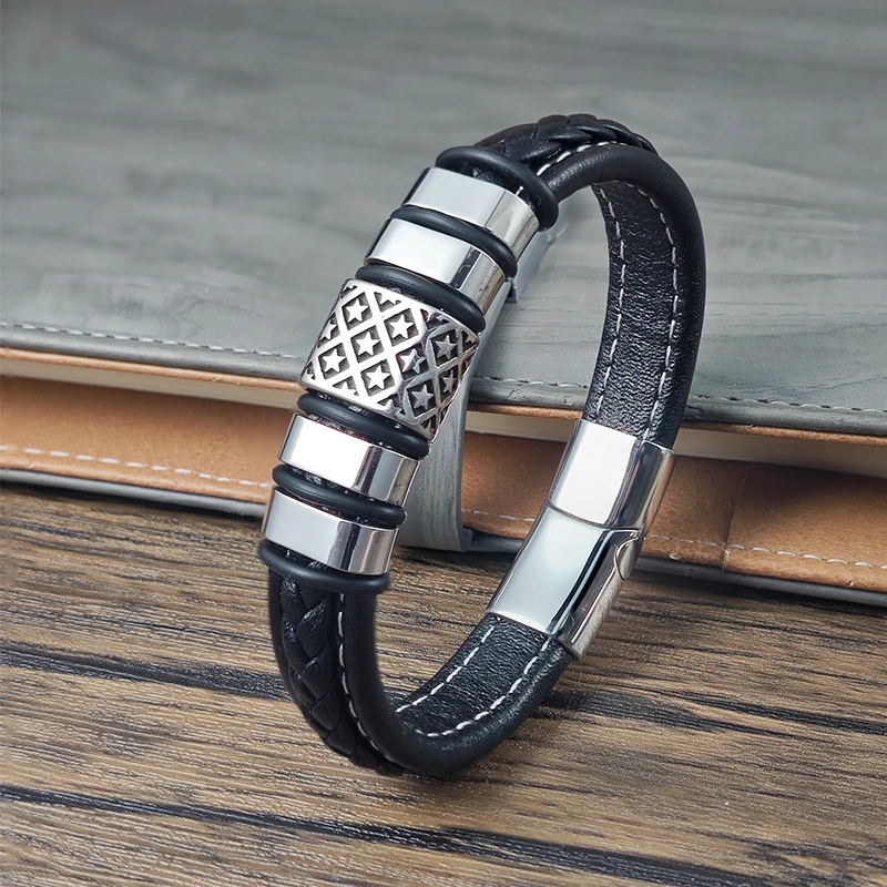 Luxuriöses Herren-Armband aus Edelstahl mit Geflochtenem Lederband, Sternförmiger Perlenverzierung und Magnetverschluss im Punk-Retro-Stil