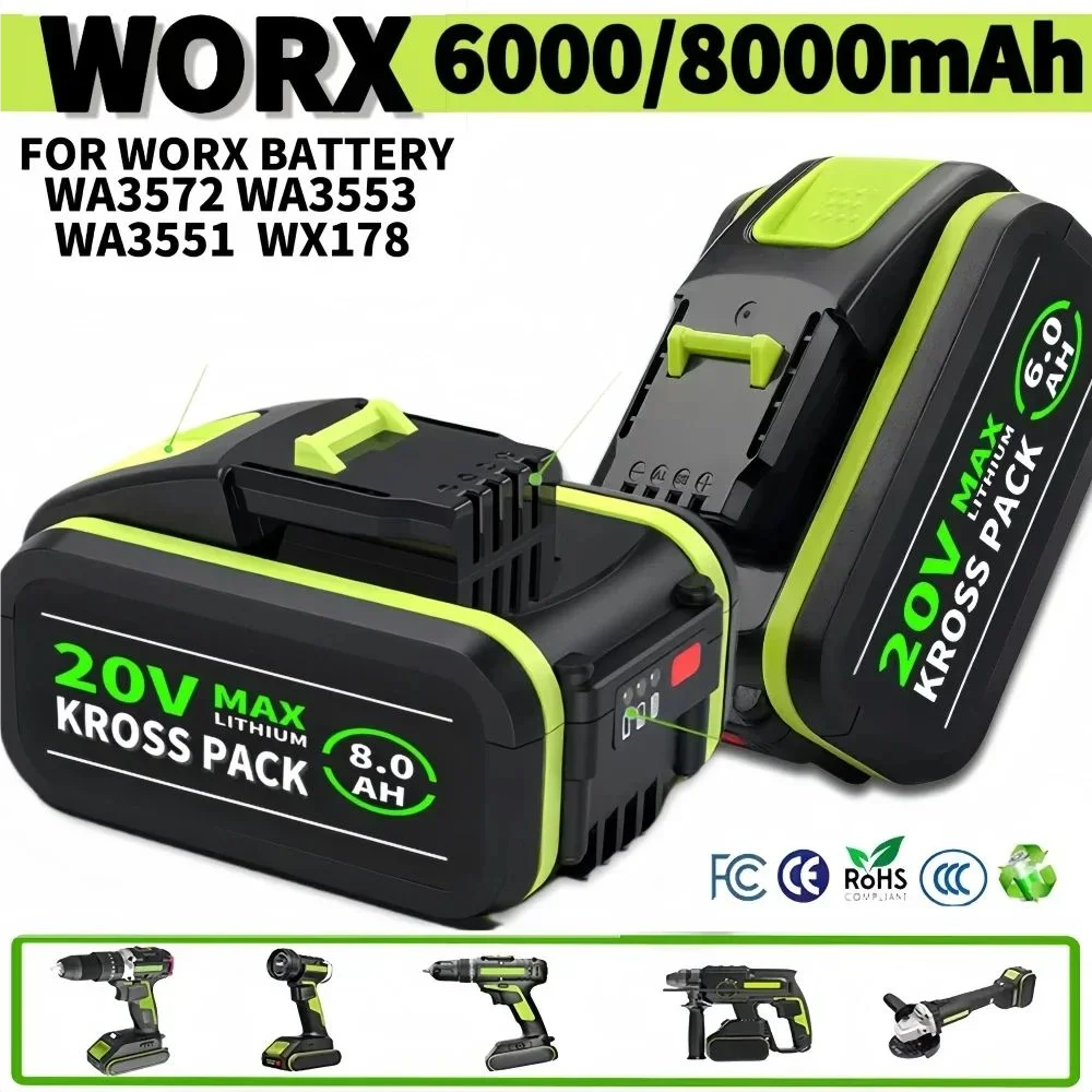 

6.0Ah/8.0Ah For WORX 20V high-capacity Lithium-ion Battery WA3551 WA3551.1 WA3553 WA3641 WX373 WX390 Rechargeable Battery Tool
