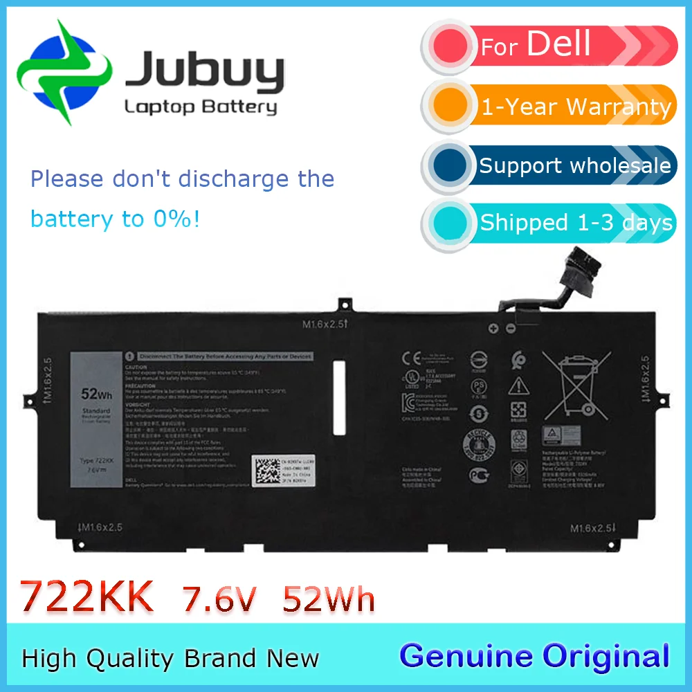 722KK 7.6V 52Wh Original Laptop Battery for Dell XPS 13 9300 2020 i5 FHD XPS 13 9310 WN0N0 2XXFW