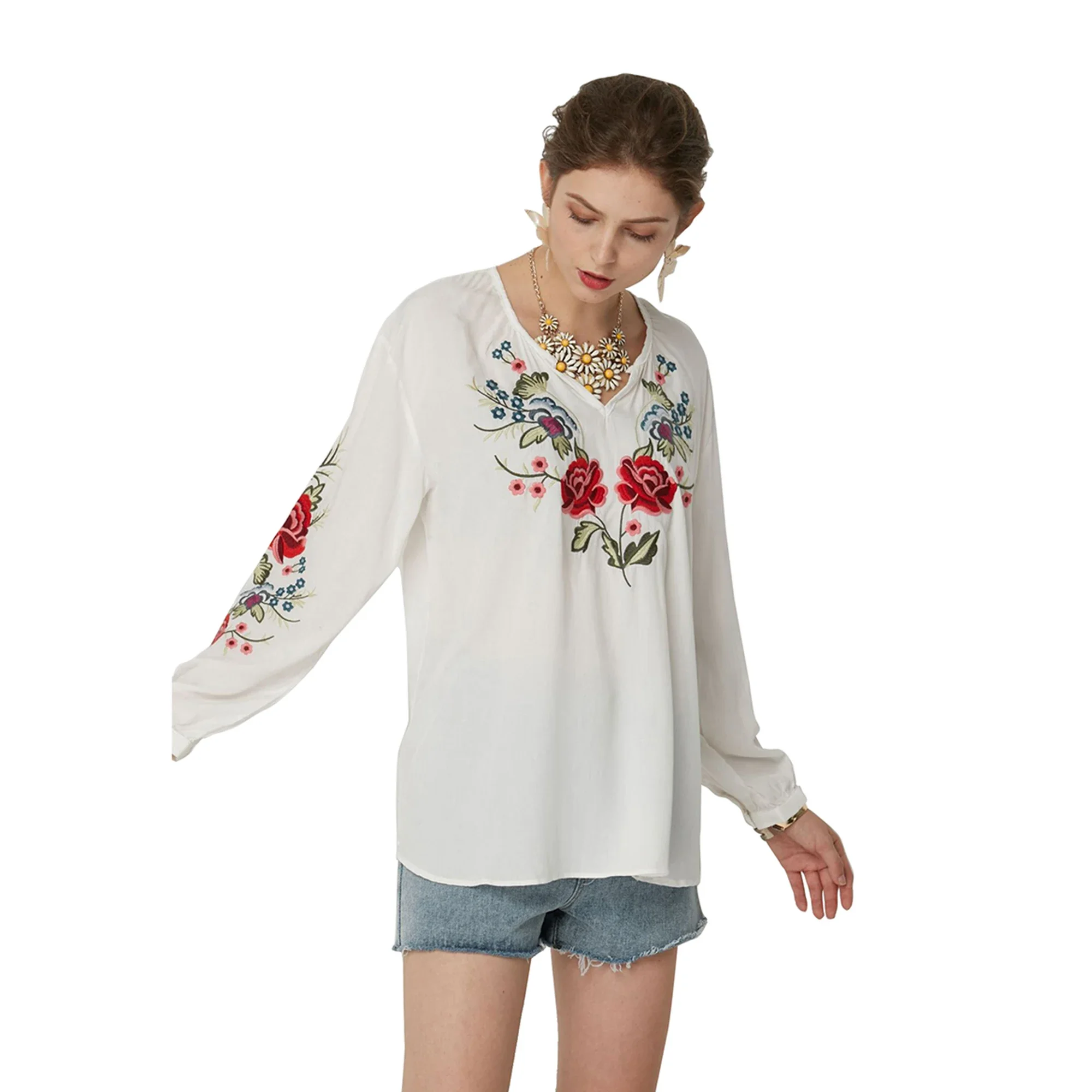 Bohemian Style Women's Embroidered Shirt Loose Waistcoat 3/4 Sleeves Bohemian Style Women Tops  Women Shirt  Blouse