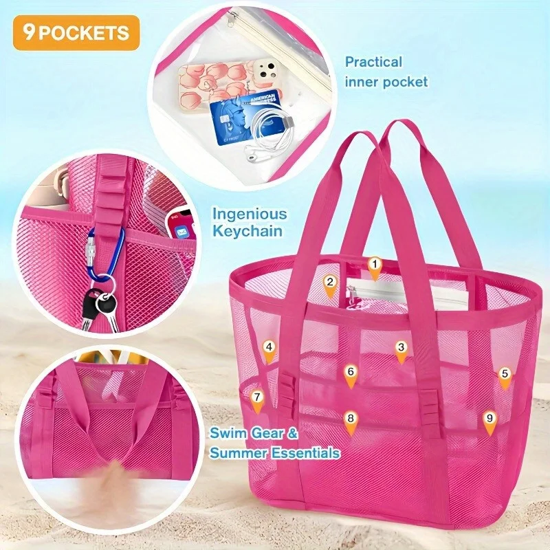 Large Capacity Beach Bag, Sand-Proof Mesh Beach and Pool Travel Storage Tote Bag, Multi-Pocket Design, Essential Beach Bag for Family Vacations