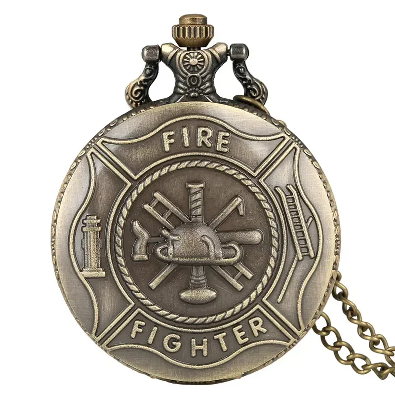 Vintage Fire Fighter Design Men's Analog Quartz Pocket Watch Full Hunter Necklace Chain Clock Arabic Numeral Gift Reloj