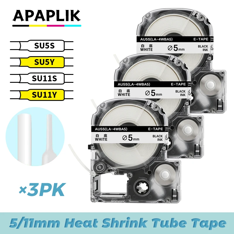 3PK Compatible Heat Shrink Tube Label SU5S SU5Y LA-4WBA5 LA-4YBA5 SU11S SU11Y for Epson LW-300 400 600 Label Maker Epson/Kingjim