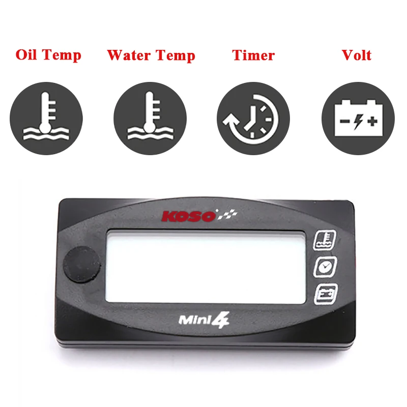 Koso Water Temperature Meter Motorcycle Universal Water Temperature Time Volt Oil Temp 4 in 1 Dual Temp LCD Digital Display