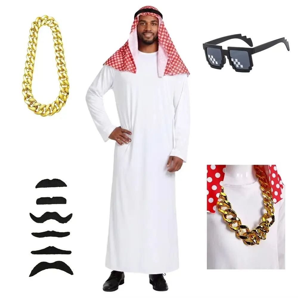 Traje Árabe con Túnica Blanca, Pañuelo Rojo para la Cabeza, Barba Falsa, Gafas Divertidas, Conjunto de Disfraz de Jeque Árabe para Actuaciones Escénicas