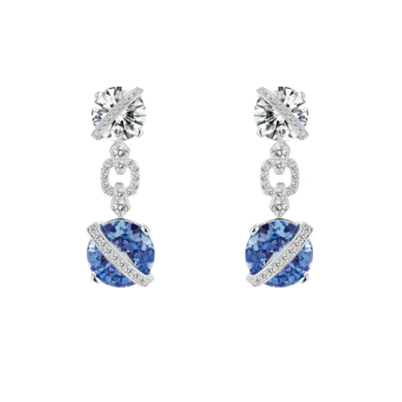 Bellux 925 Silver Synthetic Zircon Earrings Dreamy Star Track Round Double Stone Tanzanite Blue and White Diamond Earrings