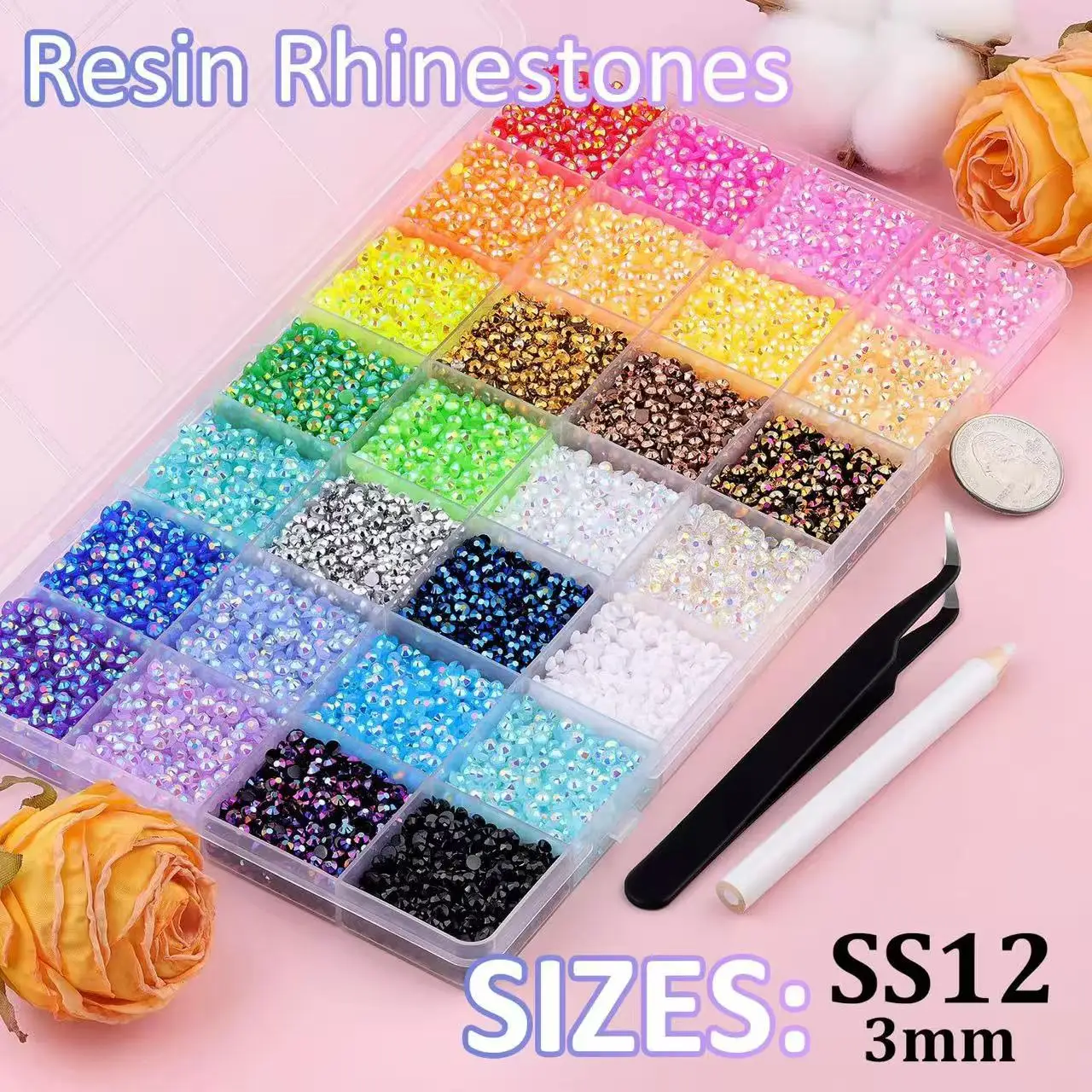 24 Colors 3mm Flat Back Rhinestones Set, Crystal Nail Gems with Pickup Tweezers & Dotting Pen, DIY Decor for Nail Art,