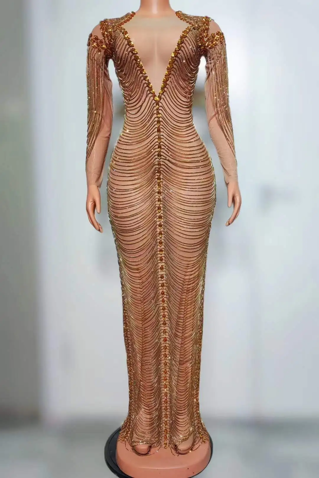 Women Gold Sparkle Drill Chain See Thru Mesh Singer Pageant Photo Shoot Props Queen Dress 2025new Birthday Party