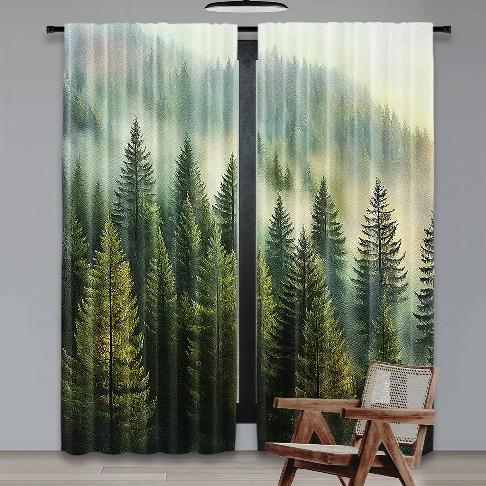 2Pcs Nature Curtain Forest Pine Tree Tops Refreshing Eco Woodland Wilderness Mountainside For Bedroom Living Room And Dining