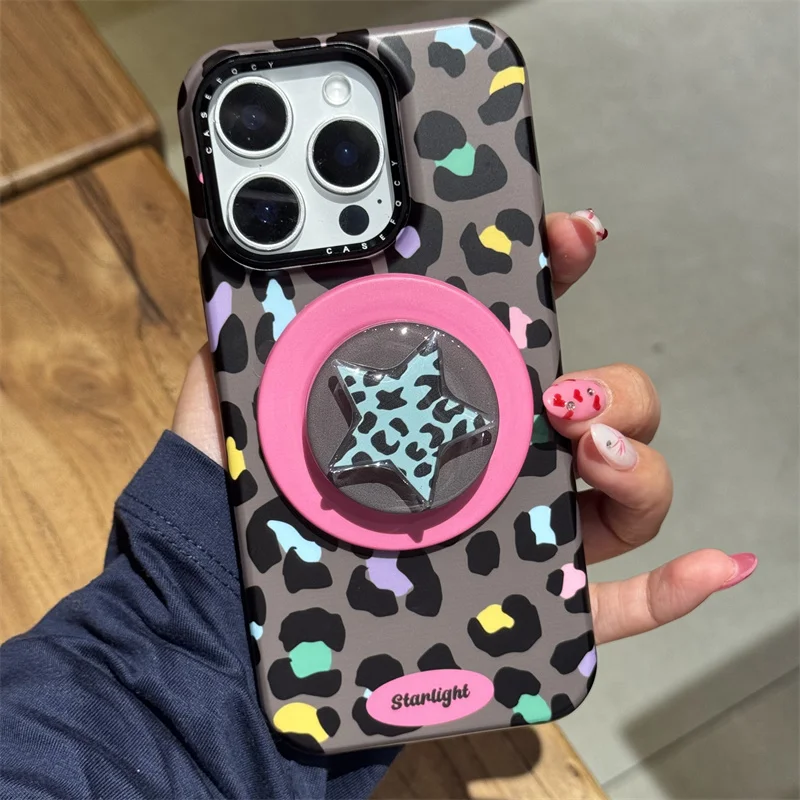 Fashion Color Leopard Print Magnetic Phone Case For iPhone 17 Pro 14 15 16 Pro Max Cover with Magsafe Star Stand Holder Cases