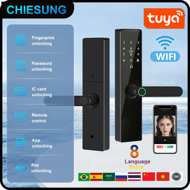 Tuya Wifi App Intelligent Lock Fingerprint Code Doorbell Remote Unlock Digital Smart Lock Nfc Key Card Electronic Door Lock