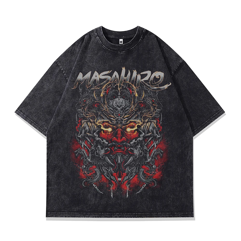 Men‘s Gothic Anime Graphic T Shirt Evil Demon Print Y2k Oversized T-shirt Short Sleeve Tee Harajuku Vintage Washed Cotton Tops