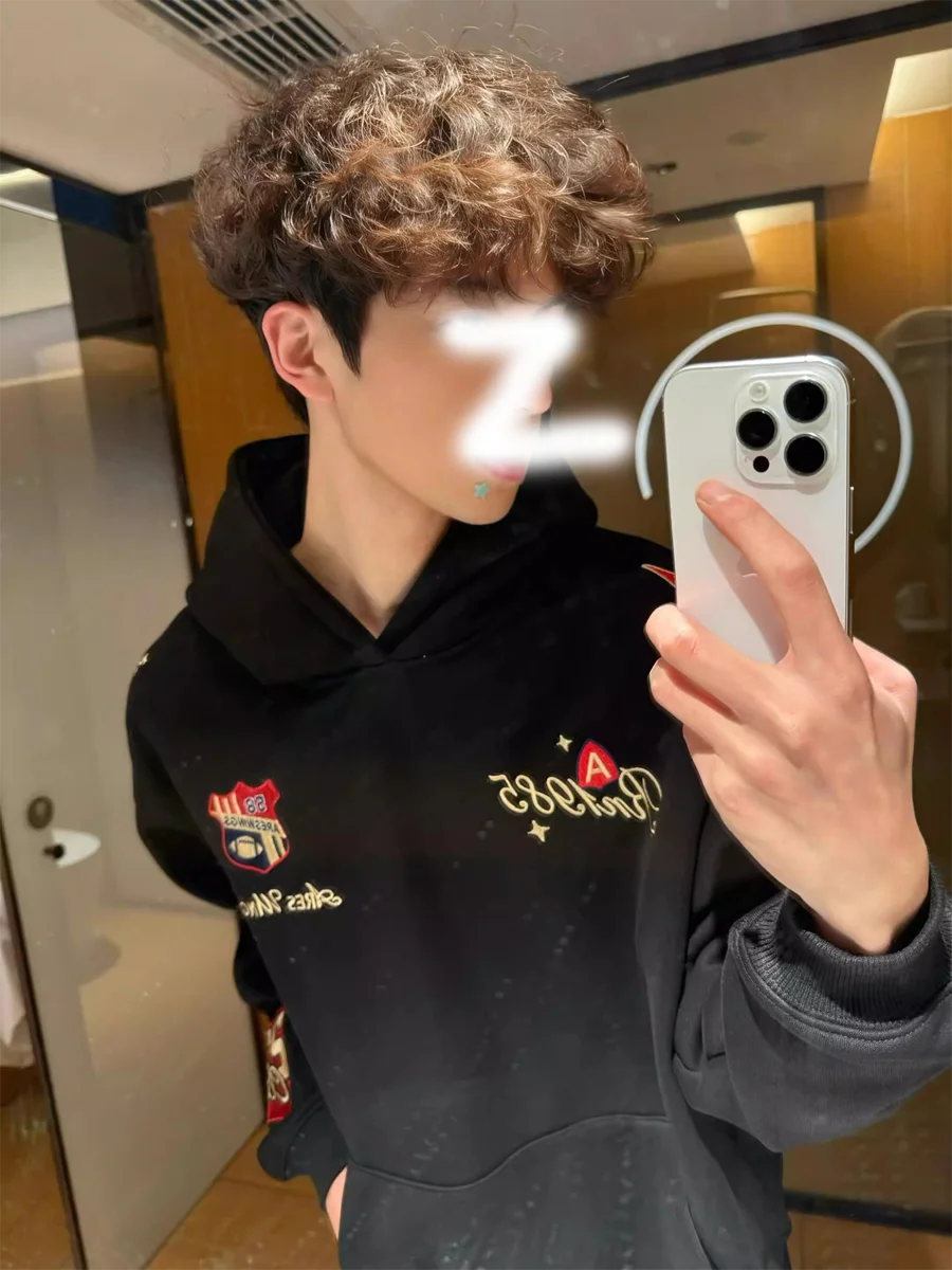 

Ретро-худи в американском стиле с вышитой нашивкой, унисекс, универсальный дизайн, толстовка, верхняя одежда, с длинным рукавом, из смесовой шерсти, повседневная уличная одежда