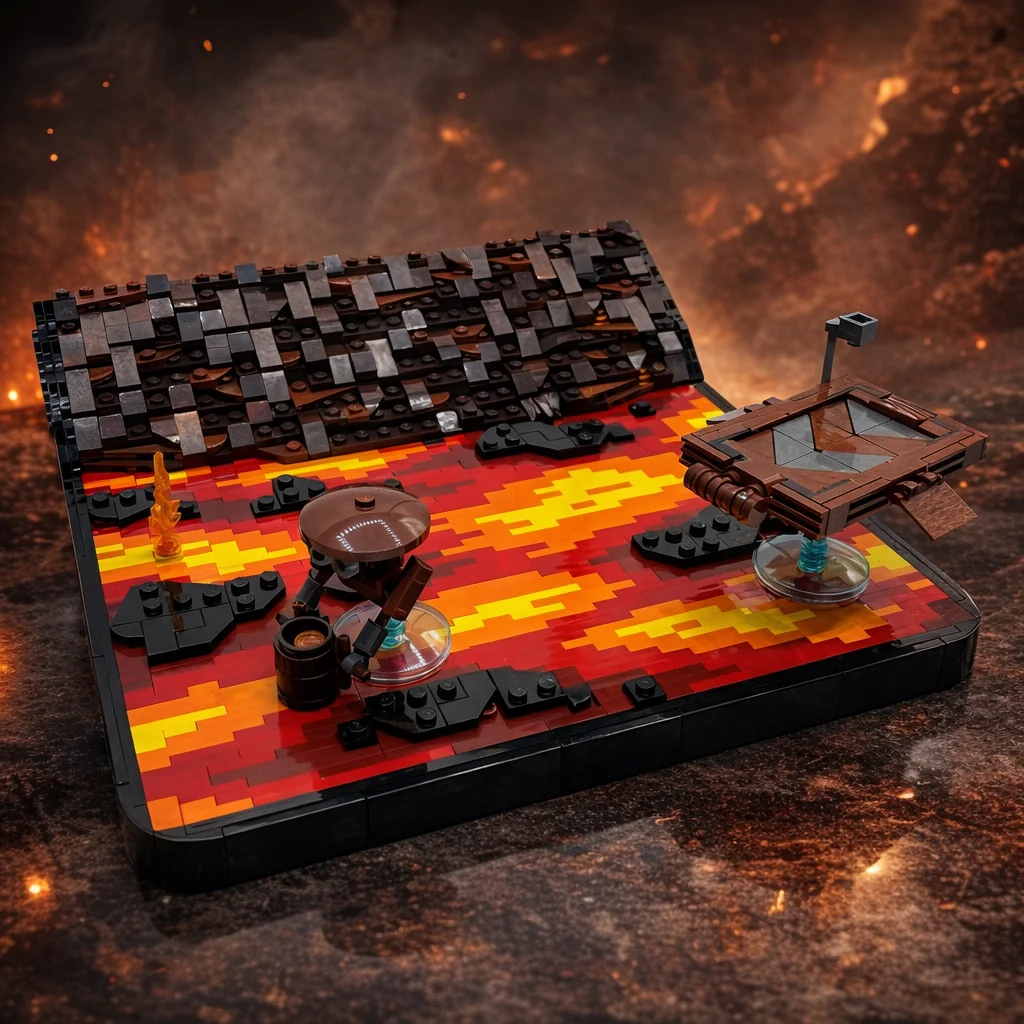 

MOC Sci-Fi Volcanic Planet Duel Diorama Building Blocks Lava River Battle Scene Display Model DIY Bricks Adult Hobby