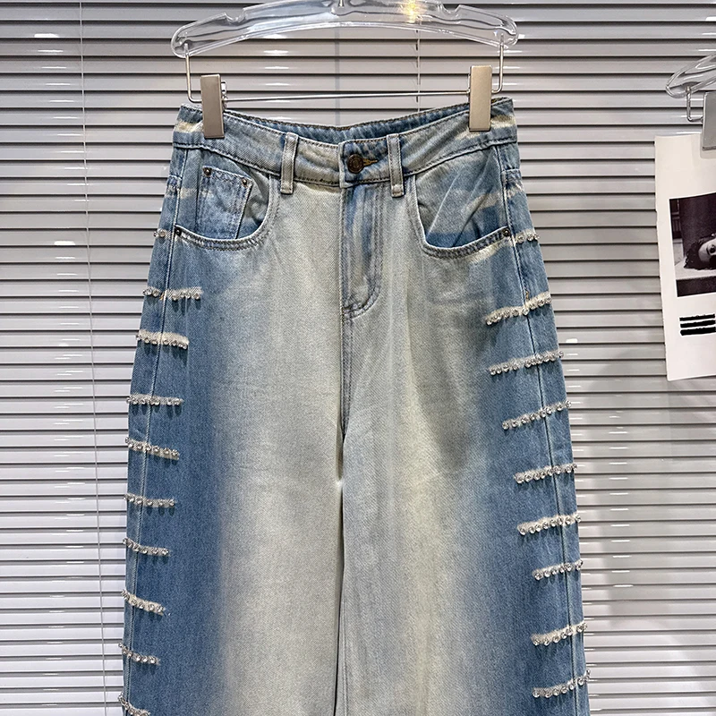 Spodnie damskie KBQ z efektem łączenia kolorów, zdobione diamentami, z wysokim stanem, o luźnym kroju, z gradientem, szerokie nogawki, styl jeansowy, modny styl damski.