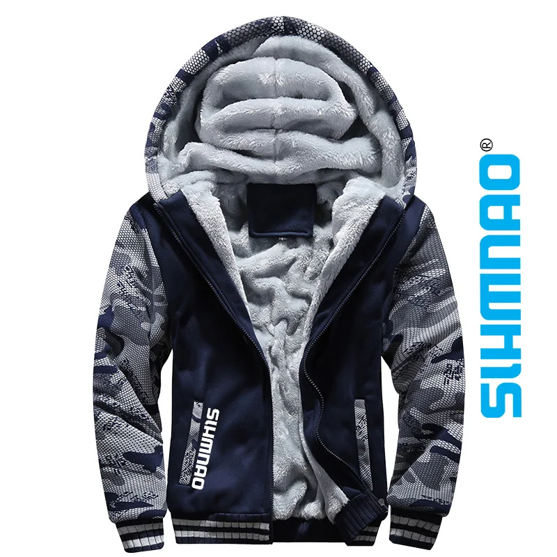 Fishing Jacket Men's Winter Warm Zipper Jacket Men's Thick Wool Jacket Camouflage Zipper Hoodie Solid Color Outdoor Hoodie