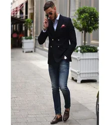 1 Piece Latest Design Black Male Blazer Fashion Double Breasted Casual Men Suit Coat Custom Skinny Tuxedo Jacket Only