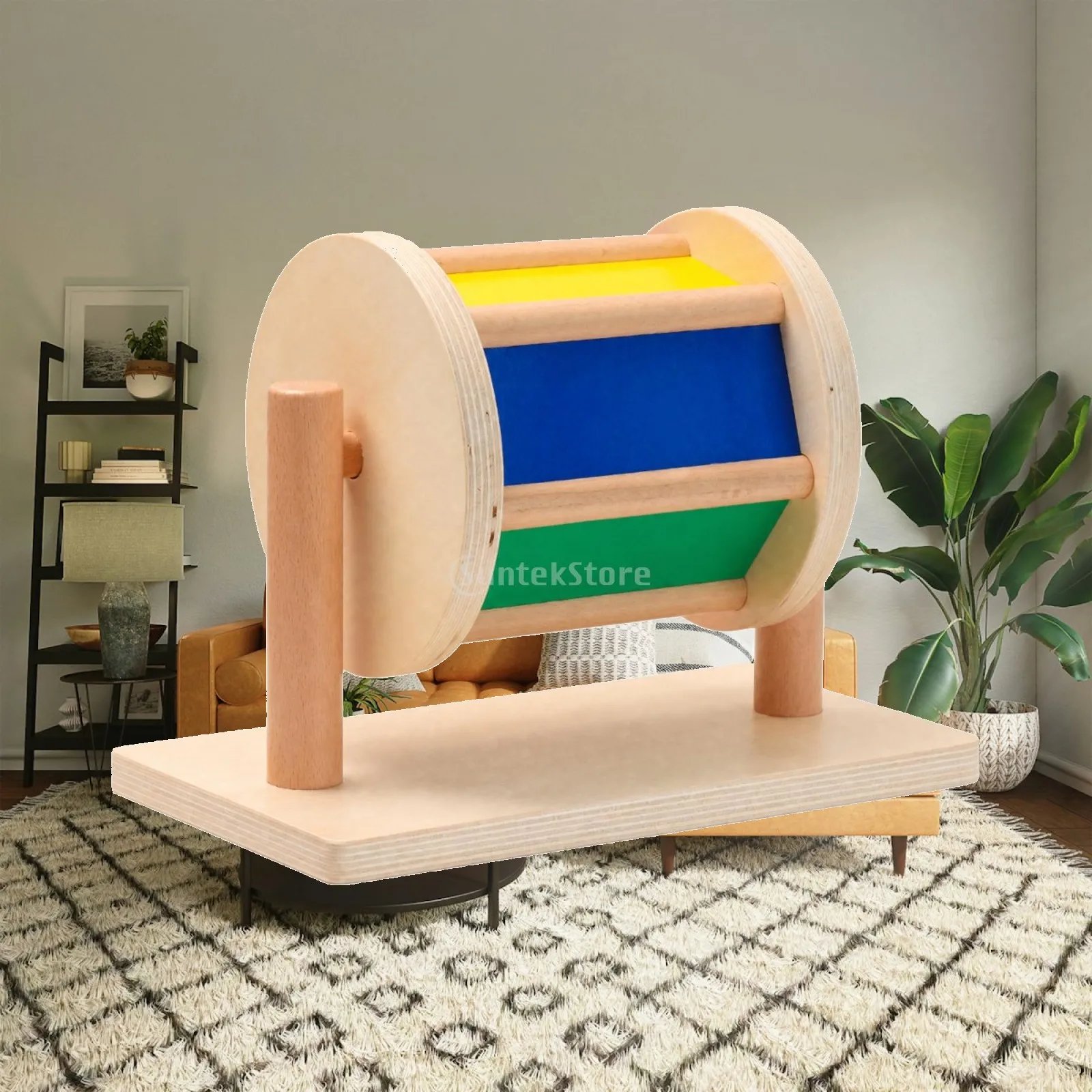 Wooden Infant Textile Drum Montessori Toy for Baby Sensory Play Rotating Cylinder with Fabric Panels for Early Learning and Fine