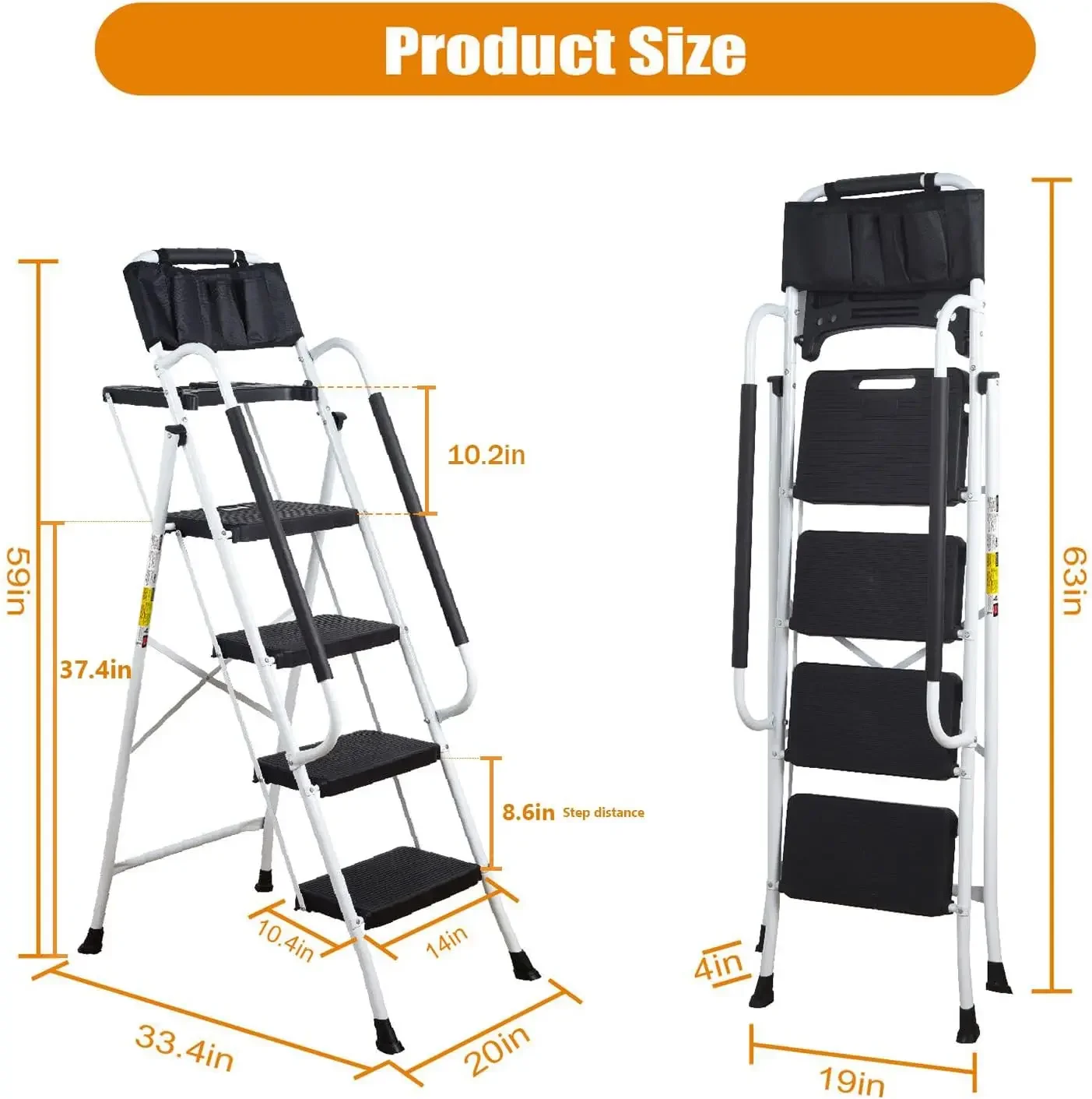 4 Step Ladder with Handrails (Include Tool Tray+Bag) 330lbs Capacity