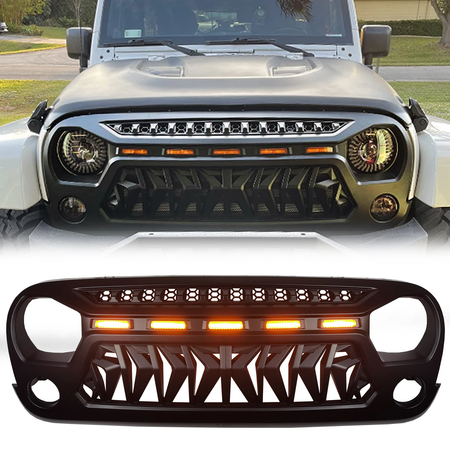 

Black Front Grille ABS JK Grilles 1Piece For Jeep JK Wrangler 2007-2017 J394