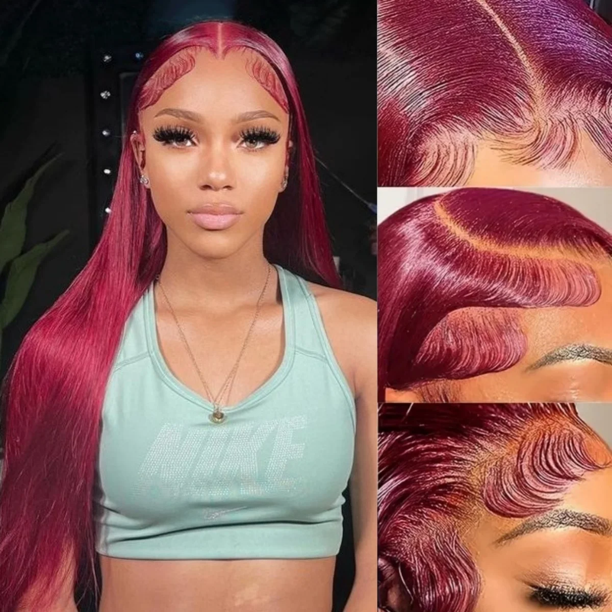 

Straight 13×4 Lace Front Wigs Human Hair Burgundy 220 Density Wine Red Transparent Pre Plucked Lace Frontal Wigs For Women 99J