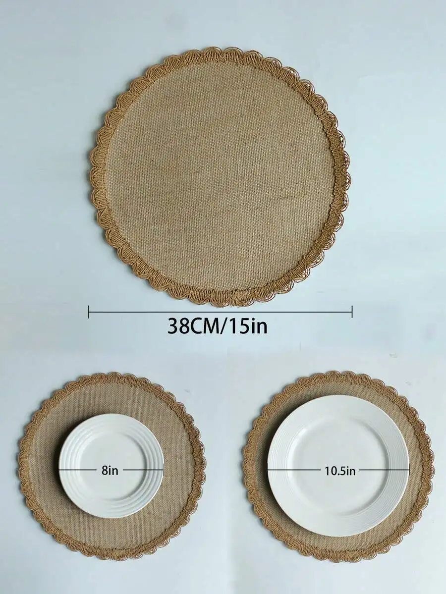 SGIAWETA-4pcs Round Linen & Burlap Placemats, Vintage Rustic Decor Round Tasseled Placemats, Pot Holders, Heat Resistant Kitchen & Dining Table Mats, Wedding Tablecloth, Home Decor, Suitable For Weddings, Parties, Family Gatherings-birthdaygift view 4