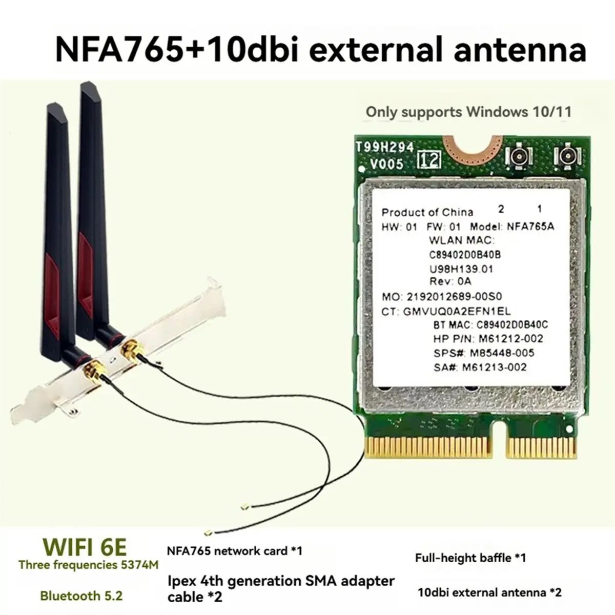 NFA765 WIFI 6E WiFi Card +10dbi External Antenna AX6000 Tri Band Wireless Network Card Bluetooth 5.2 for Win 10 11