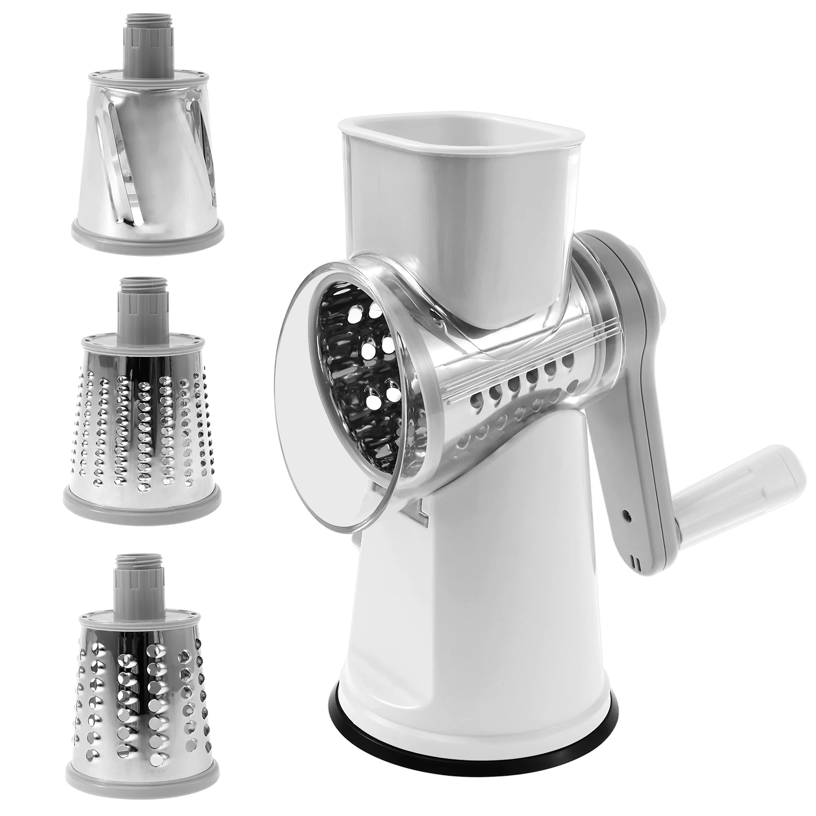 

Rotary Cheese Grater Hand Crank Rotary Cheese Shredder with 3 Replaceable Stainless Steel Drum Blades Suction Base for Kitchen