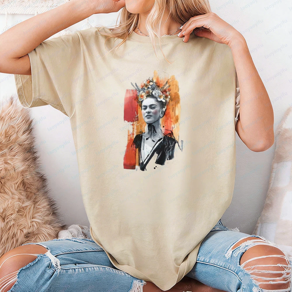 

Frida Kahlo Portrait Art Print Unisex Cotton T-Shirt Fashion Casual Summer Trendy Design Mexico Cultural Celebration Outfit Tops