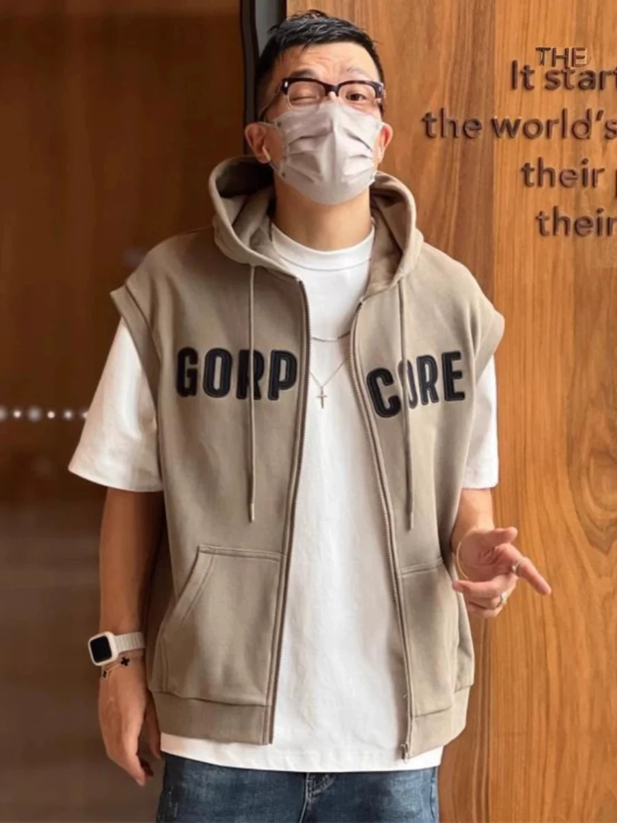 Spring Summer plus Size 300 Pounds Hooded Sports Vest Men's American Casual Loose Sleeveless Top Youth Fashion Style Zipper D...
