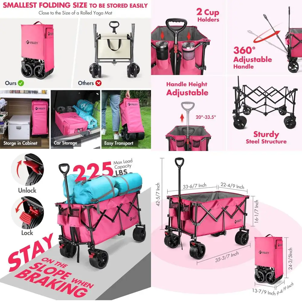 全地形対応ヘビーデューティ折りたたみワゴン、大型ホイール付き、耐荷重225ポンド、ポータブルガーデンカート、ピンク、カップホルダー付きユーティリティカート