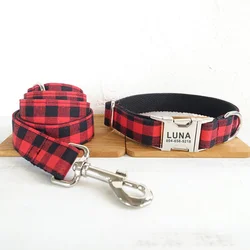 Personalized Pet Collar Free Engraving Custom Puppy Nameplate ID Tag Adjustable Buckle Black Red Suit Plaid Collars Leash