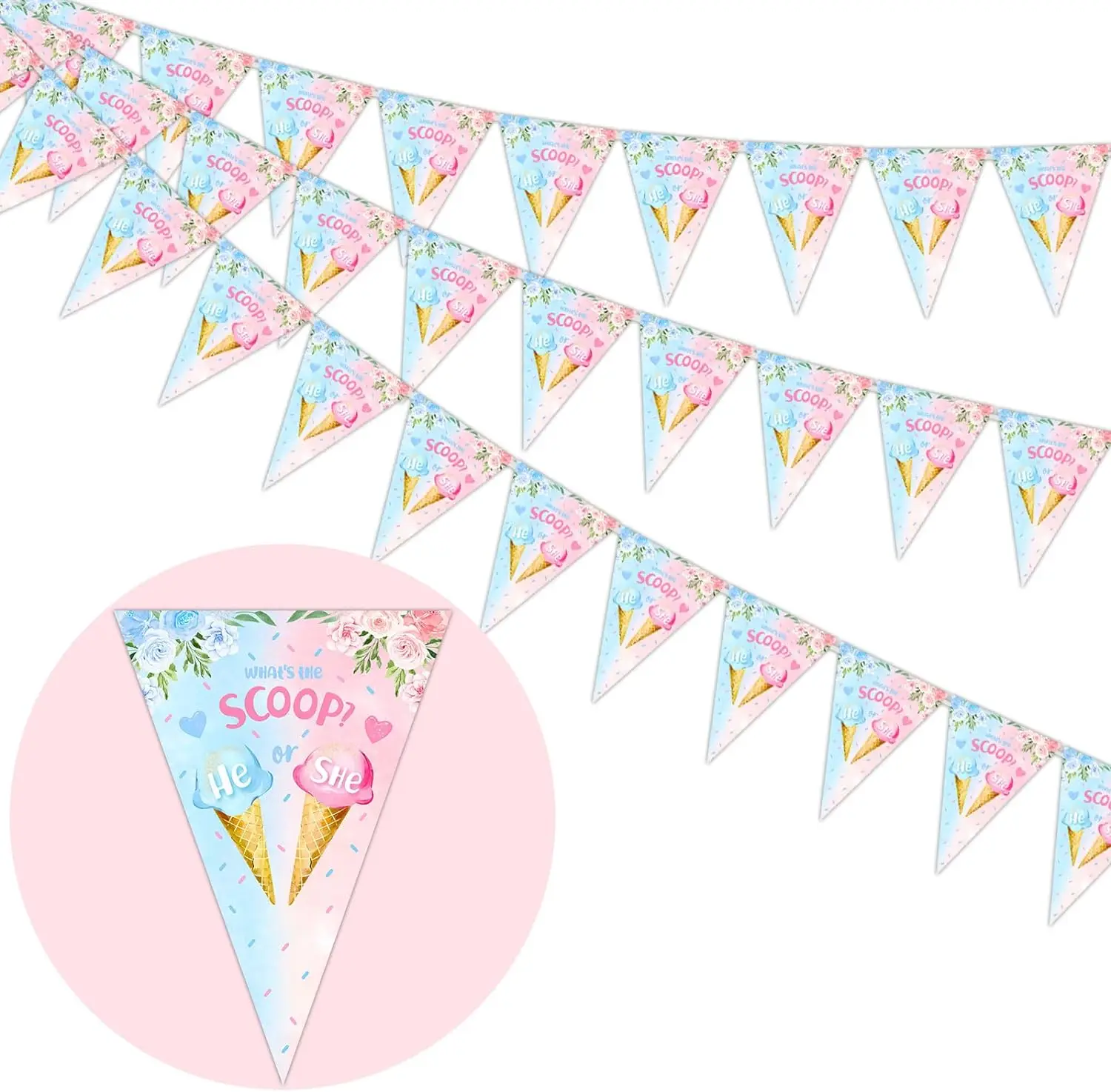 

3Pcs Ice Cream What’s The Scoop Gender Reveal Pennant Banner Triangle Pennant Flag Banner for Summer Baby Shower Party