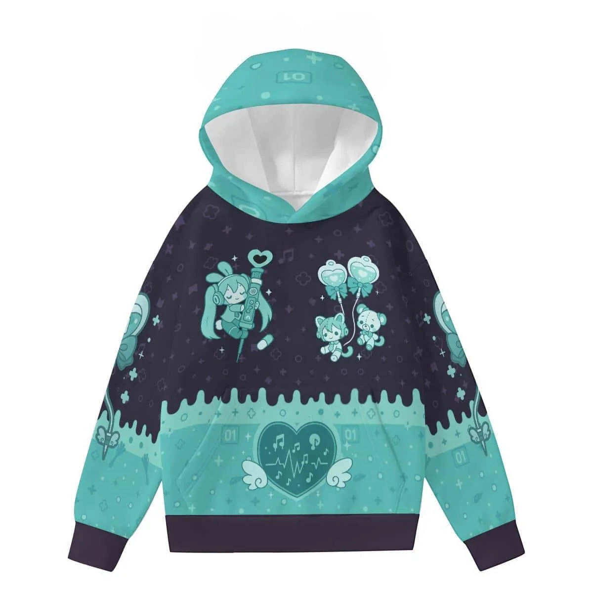 Hatsune Miku Q Cartoon 3D Printing Hoodie Love Note Doll Pattern Loose Plus Size Couple Anime Pullover for Men and Women